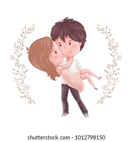 Cute couple. Man hold women on hand. Sweet and romantic embrace. Wedding invitation, save the date or valentine day card design. Lovely family print. Girl and boy together. People relationship.