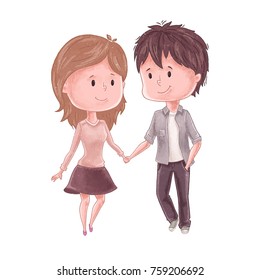 Cute couple. Man holds woman hand. Sweet and romantic family walk. Wedding invitation, save the date  or valentine day card design. Lovely print. Gird and boy together. 