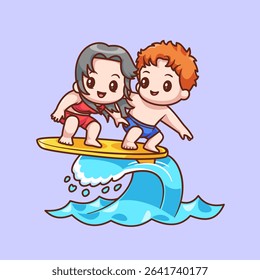 Cute Couple Man And Woman Surfing Together On Wave Cartoon Vector Icon Illustration. People Sport Icon Concept Isolated Premium Vector. FlatCartoon Style