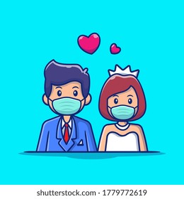 Cute Couple Marriage Man And Woman Wearing Mask Cartoon Vector Icon Illustration. People Wedding Icon Concept Isolated Premium Vector. Flat Cartoon Style