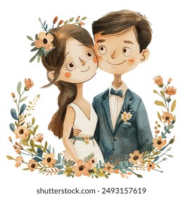 cute couple married with flower wreath vector illustration in watercolour style