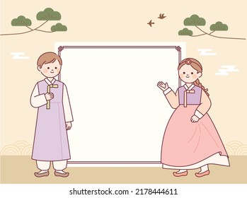 A cute couple of men and women in Korean traditional clothes are talking with a blank board in the center. flat design style vector illustration.