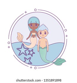 cute couple mermaids with sea in frame circular