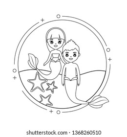 cute couple mermaids with sea in frame circular