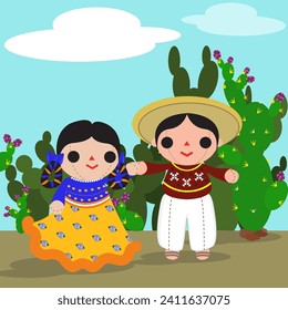 A cute couple of Mexican ragdolls in typical costume in front of cactus