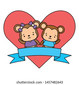 cute couple monkey animals heart love ribbon vector illustration