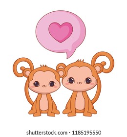 cute couple monkeys love speech bubble
