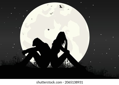 cute couple and moon silhouette