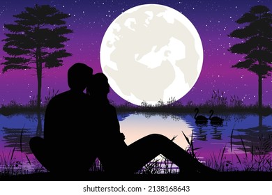 cute couple and moon silhouette graphic