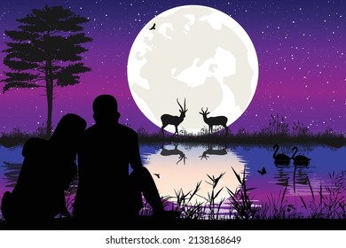 cute couple and moon silhouette graphic