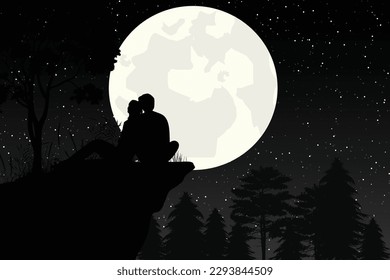 cute couple and moon silhouette illustration graphic