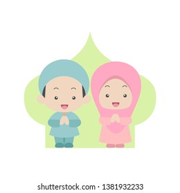 Cute Couple Moslem Kids Greeting Salaam Illustration