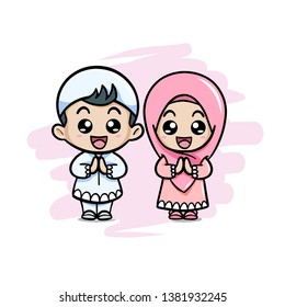 Cute Couple Moslem Kids Greeting Salaam Illustration