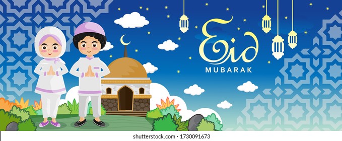 Cute Couple Moslem Kids Greeting Salaam Illustration. Happy Ied Mubarak Islamic Celebration Day Concept, Vector Illustration, Banner And Correct Design