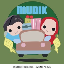 Cute Couple Moslem Riding Car Cartoon Vector Icon Illustration. Flat Cartoon Style word "mudik" means Homecoming indonesian tradition for eid mubarak