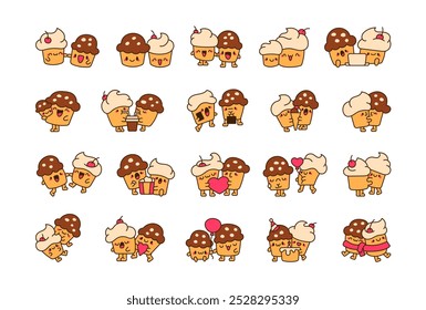 Cute couple muffins. Cartoon baking characters. Vector drawing. Collection of design elements.