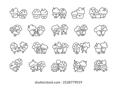 Cute couple muffins. Coloring Page. Cartoon baking characters. Vector drawing. Collection of design elements.