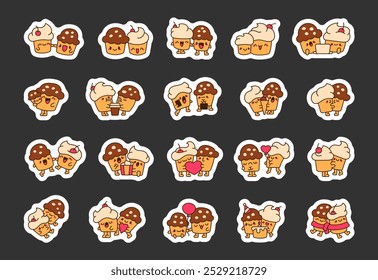 Cute couple muffins. Sticker Bookmark. Cartoon baking characters. Vector drawing. Collection of design elements.