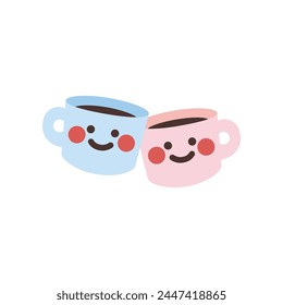 Linda pareja taza de dibujos animados con café o té. Romance, amor, conceptos de San Valentín. Diseño de Vector decorativo plano aislado sobre fondo.