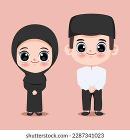 Cute couple of muslim cartoon character. Chibi cartoon animation design