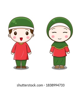 Cute couple muslim. Vector illustration of chibi character isolated on white background.