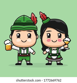 Cute Couple Octoberfest Costume. People Holding Beer Glass. Celebrating Festival In Holiday. Vector Illustration