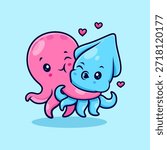 Cute Couple Octopus Hug Squid Cartoon Vector Icon Illustration. Animal Nature Icon Concept Isolated Premium Vector. Flat Cartoon Style
