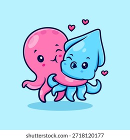 Cute Couple Octopus Hug Squid Cartoon Vector Icon Illustration. Animal Nature Icon Concept Isolated Premium Vector. Flat Cartoon Style