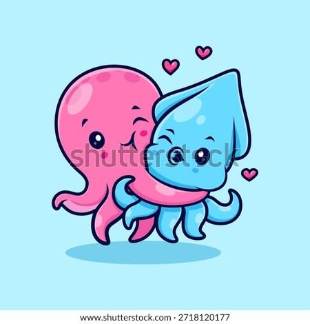 Cute Couple Octopus Hug Squid Cartoon Vector Icon Illustration. Animal Nature Icon Concept Isolated Premium Vector. Flat Cartoon Style