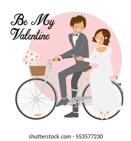 Cute couple on bicycle for romantic valentine theme vector illustration