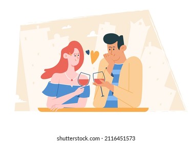 Cute couple on a date in a cafe. Boy and girl in love with glasses of wine. Valentine's day, joyful event, moments of love. Vector bright characters on the background of the city. New relationship.