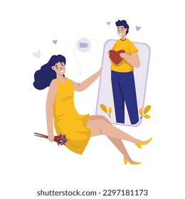 Cute couple on dating online with video call flat illustration