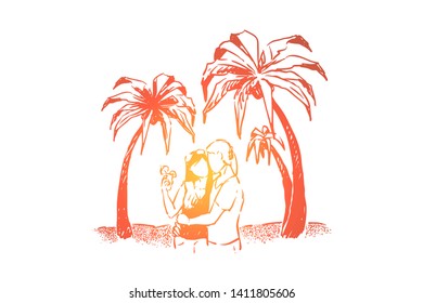 Cute couple on holiday together, summertime beach date, seaside activity for lovers, people hugging on oceans shore. Summer honeymoon travel concept sketch. Hand drawn vector illustration