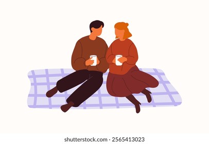 Cute couple is on picnic at date. People in romantic relationships eating and drink on blanket during walk. Beloveds, lovers love each other. Flat isolated vector illustration on white background