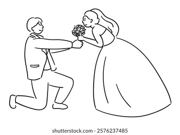 Cute couple on their wedding day, with the groom holding a bouquet to give to the bride, and the bride joyfully receiving it vector