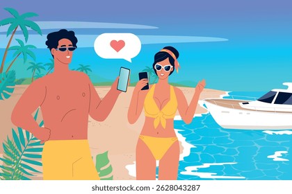 Cute couple on the tropical island make photo, chat and relax