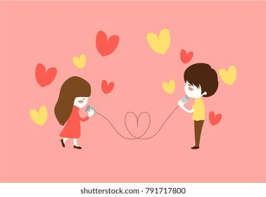 Cute Couple on Valentine's Day. Poster, card, message illustration with heart and handmade phone rope. Pink feminine theme. 