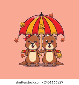 Cute couple otter with umbrella at autumn season. Mascot cartoon vector illustration suitable for poster, brochure, web, mascot, sticker, logo and icon.