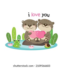 Cute couple otters holding hearts for valentine’s day.