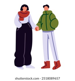 Casal bonito em outerwear segura as mãos. Namorado e namorada em um encontro romântico no inverno ao ar livre. Garoto e garota se amam, andam juntos. Ilustração de vetor isolado plano sobre fundo branco