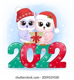 Cute couple owl and gift box, 2022 Christmas, New year illustration.