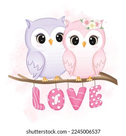 Cute Couple Owl and heart valentine's day concept illustration