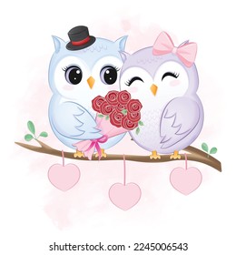 Cute Couple Owl and heart valentine's day concept illustration