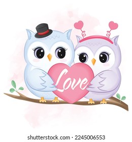 Cute Couple Owl y Heartvalentine, ilustración del concepto de día