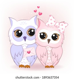 Cute couple owl and letter valentine's day concept illustration