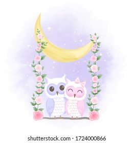 Cute couple owl on swing hand drawn cartoon illustration