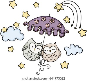 Cute couple owls flying away on an umbrella