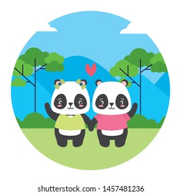 cute couple panda animal landscape natural vector illustration