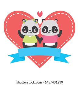 cute couple panda animals heart love ribbon vector illustration