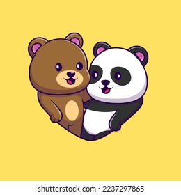 Cute Couple Panda And Cute Bear Cartoon Vector Icons Illustration. Flat Cartoon Concept. Suitable for any creative project.